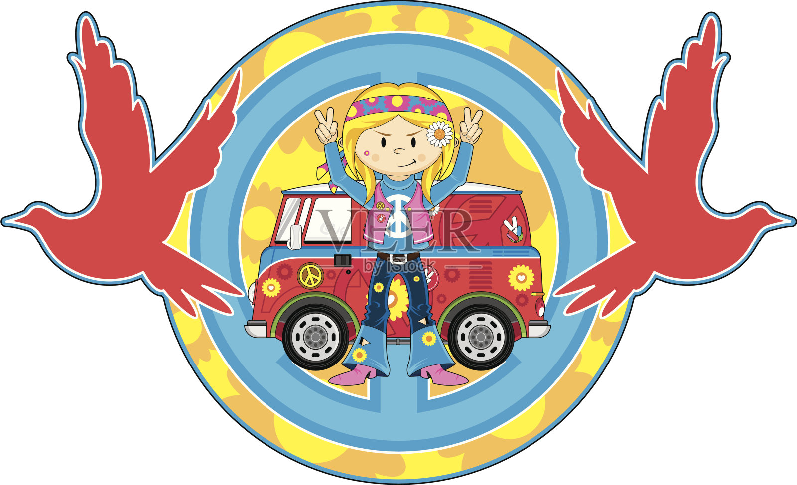 嬉皮士女孩和露营车和鸽子插画图片素材