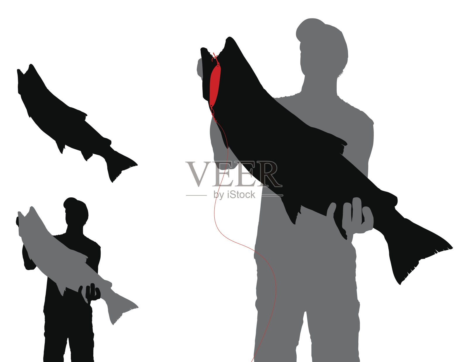 鳟鱼与诱饵和渔夫剪影插画图片素材