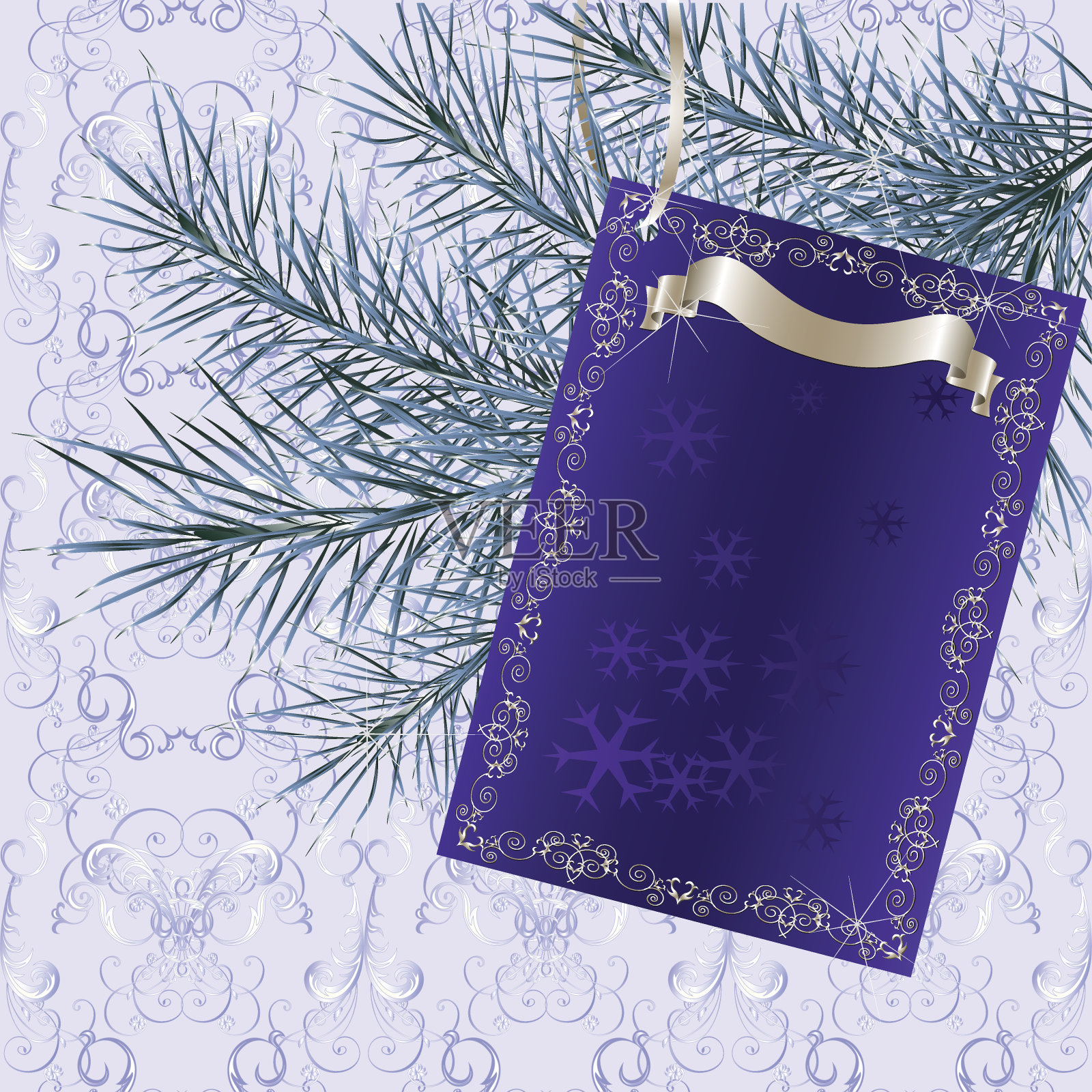 圣诞背景与古典蓝色价格标签和毛皮树枝插画图片素材