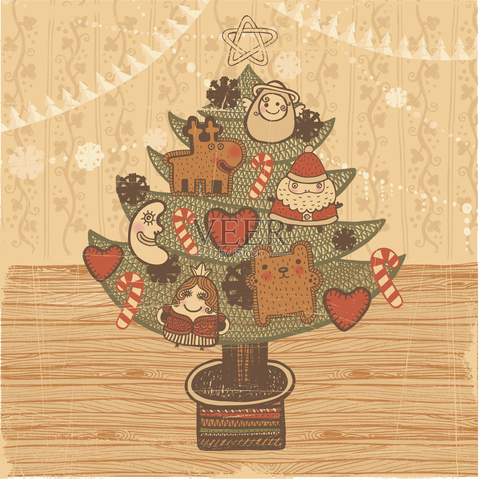 圣诞树复古风格插画图片素材