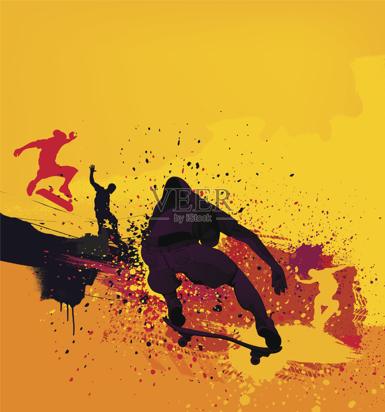 剪影滑板在黄色油漆飞溅的背景插画图片素材
