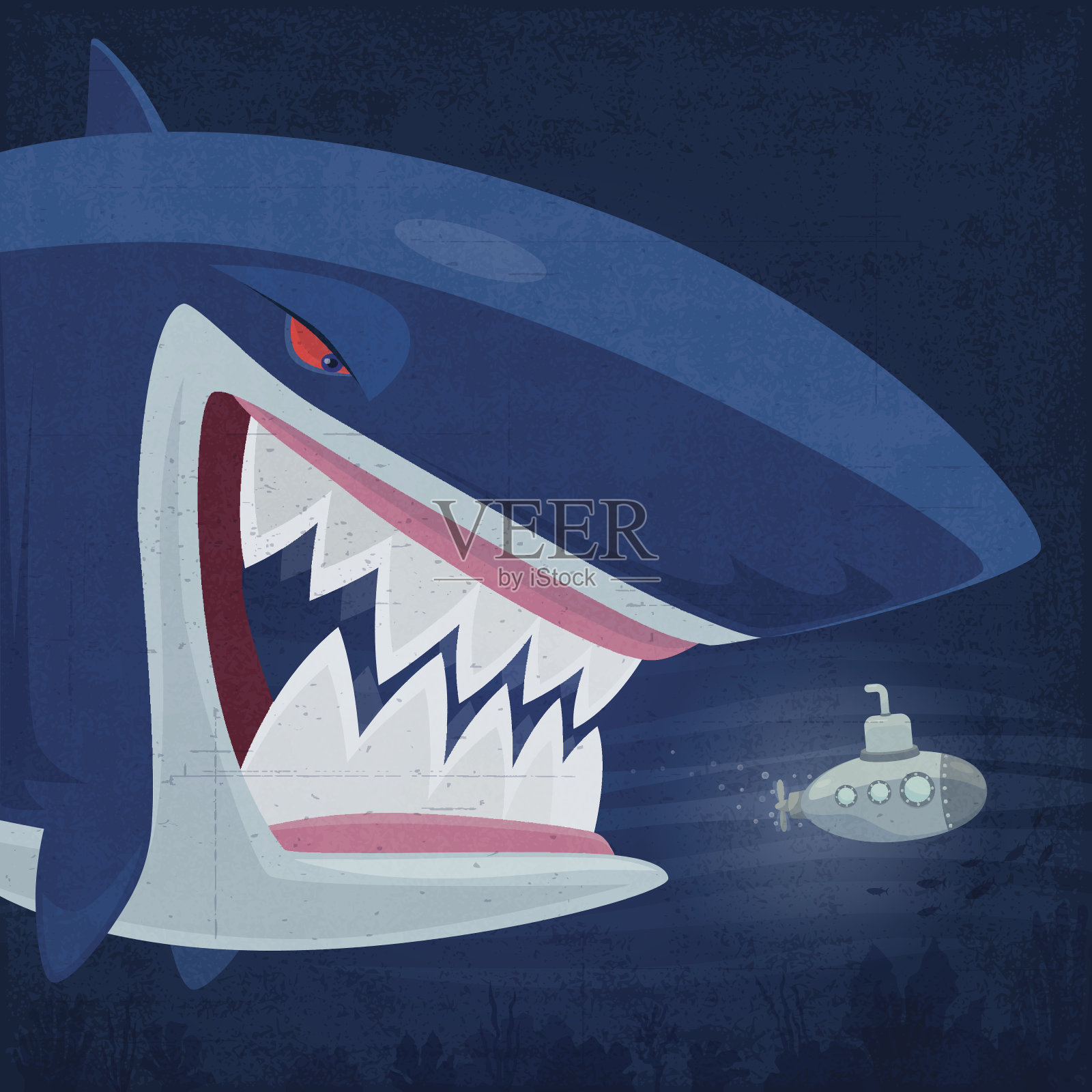 追逐大鲨鱼的潜水艇插画图片素材
