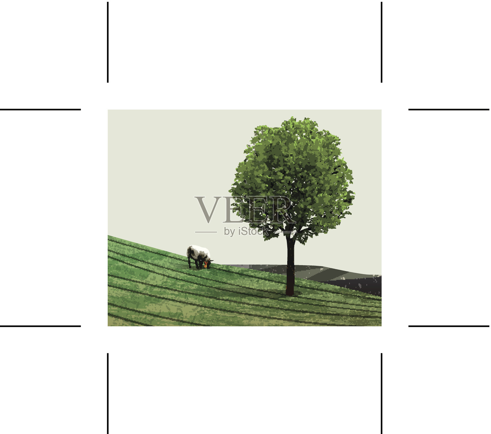 绿色的山有羊和树插画图片素材