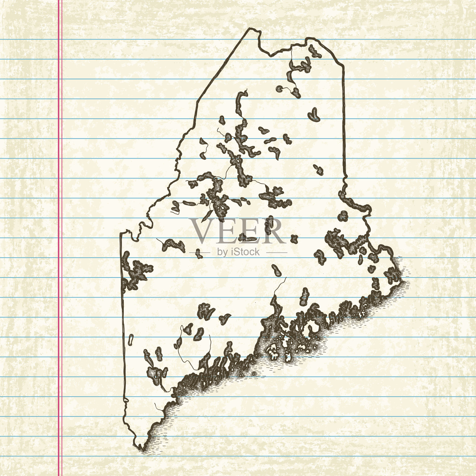 矢量草图在旧的划线纸背景。缅因州。插画图片素材