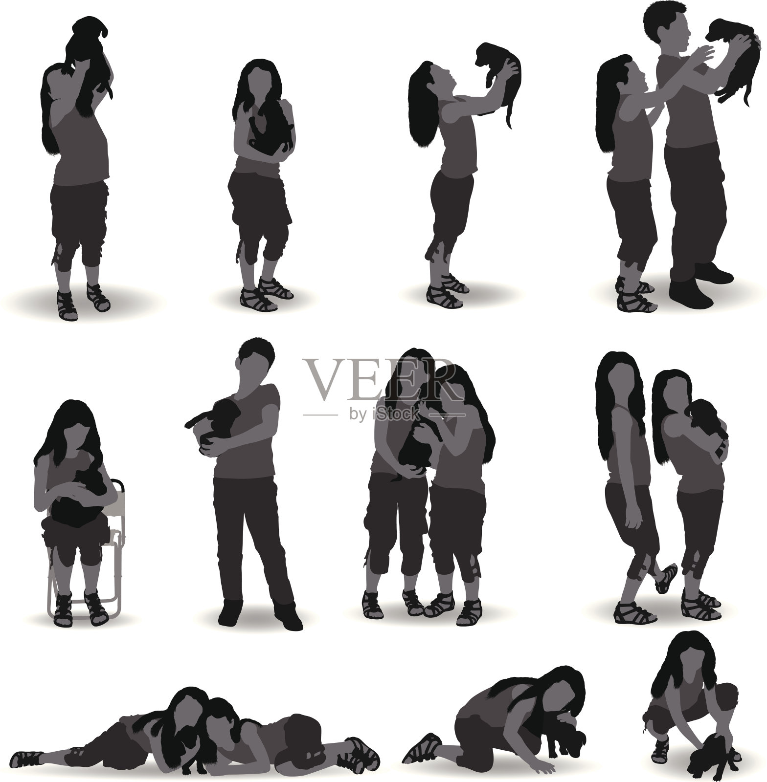 女孩和男孩抱着小狗插画图片素材