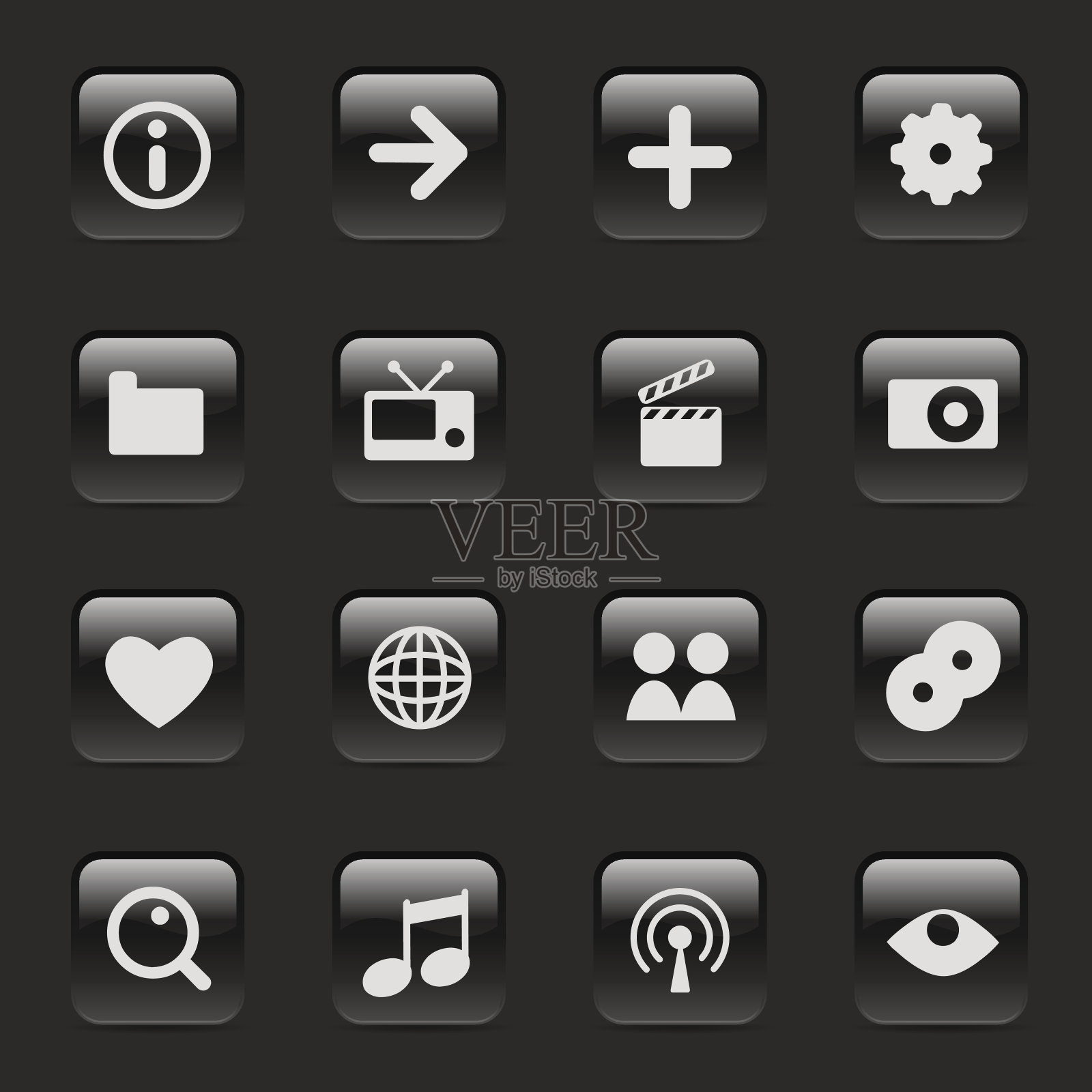 多媒体图标上的黑色光泽按钮图标素材