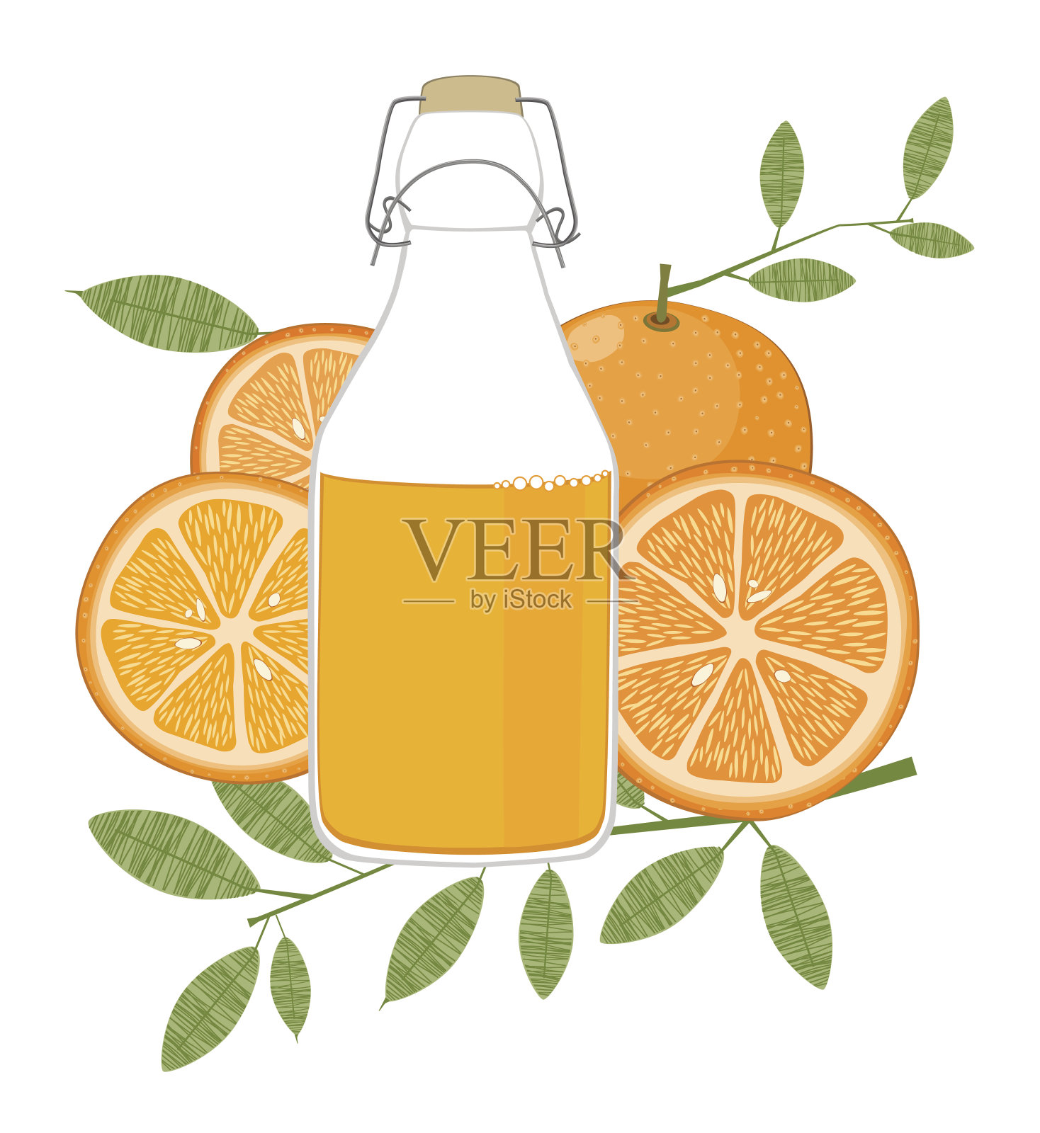 装果汁和橘子的瓶子插画图片素材