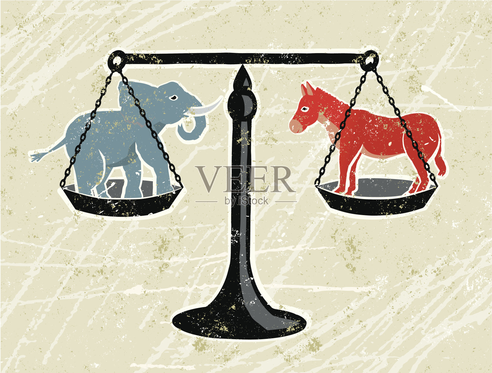用秤称蓝象和红驴插画图片素材