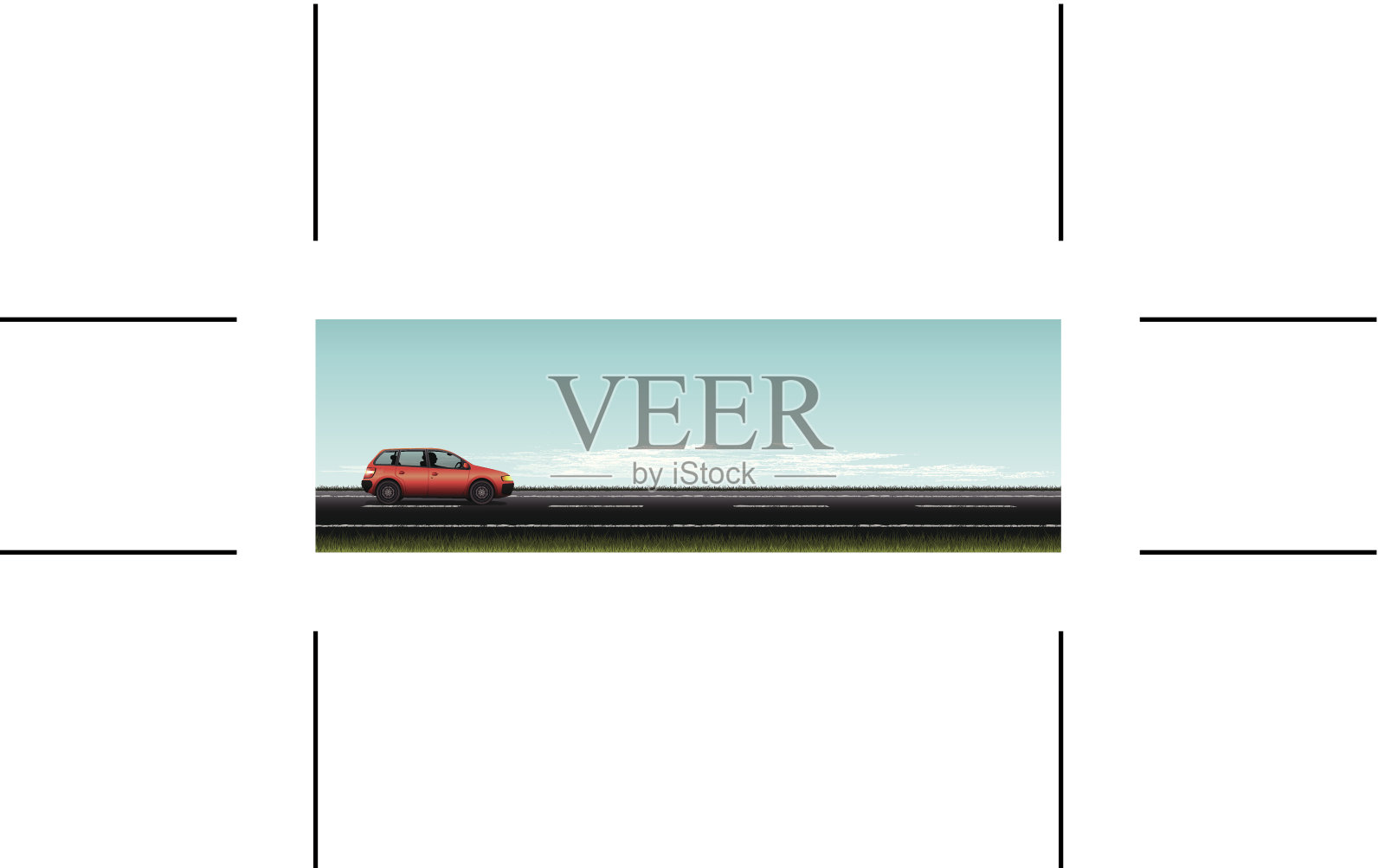 全景道路和红色汽车插画图片素材