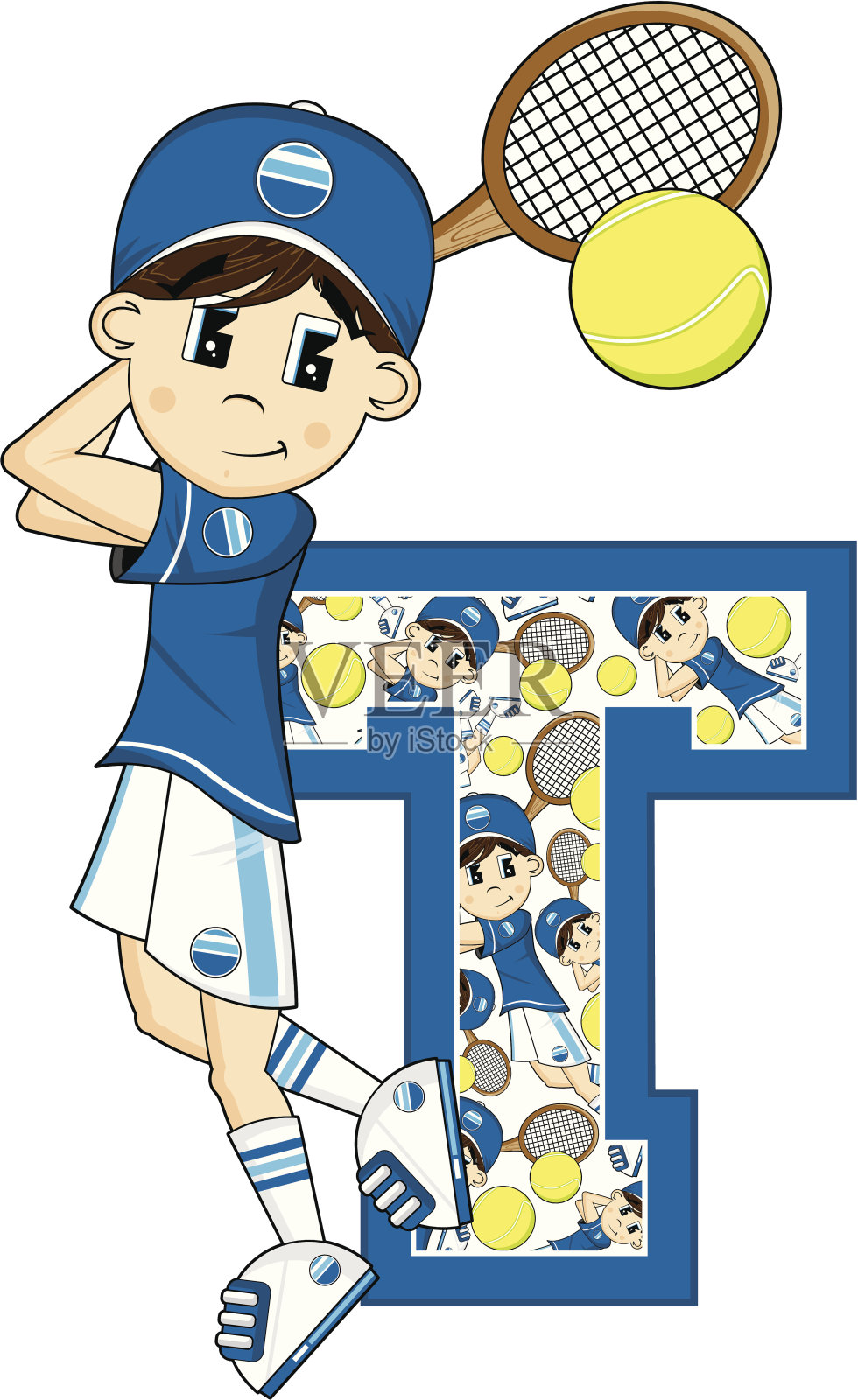 网球男孩学习字母T插画图片素材