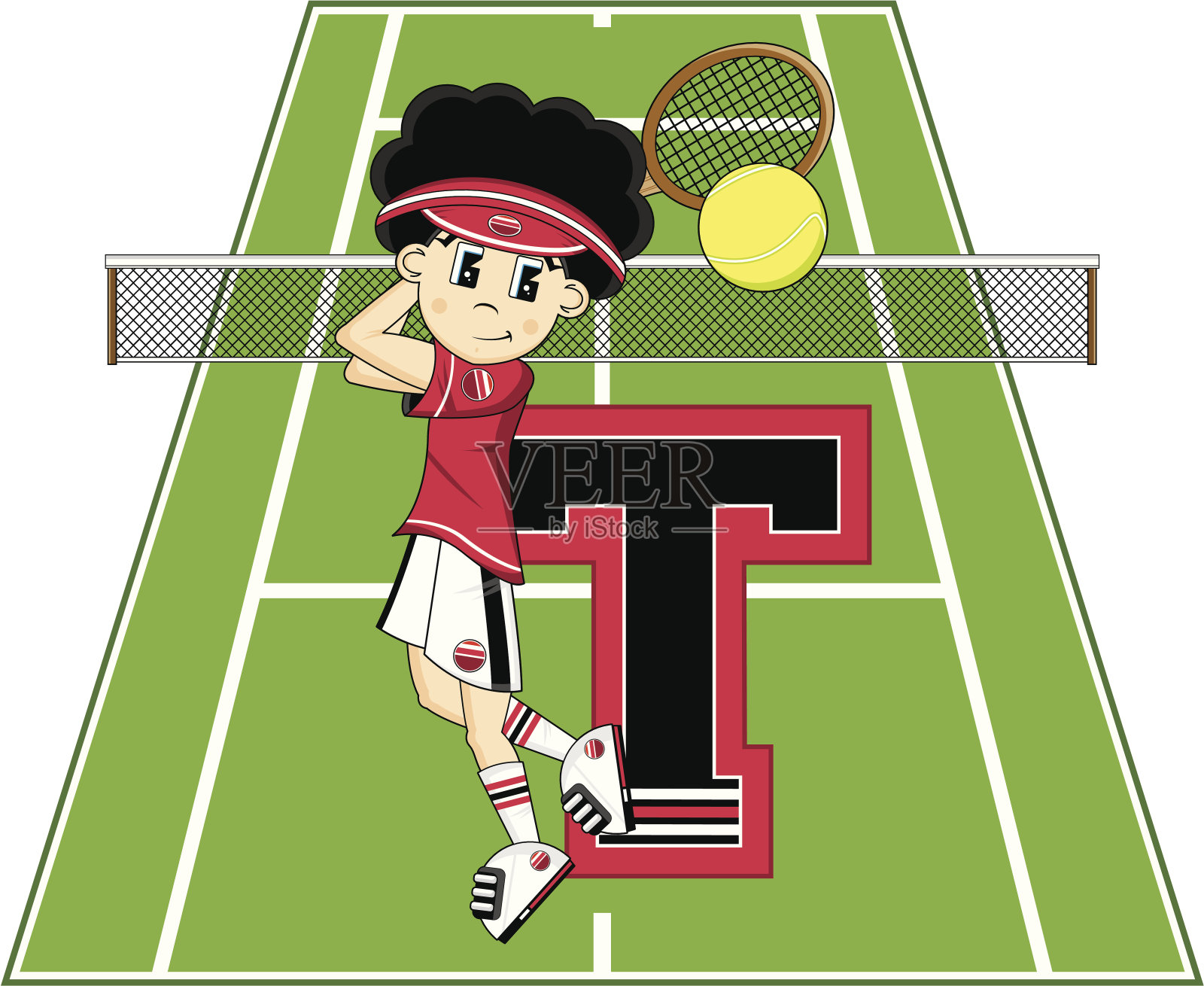 网球男孩学习字母T插画图片素材
