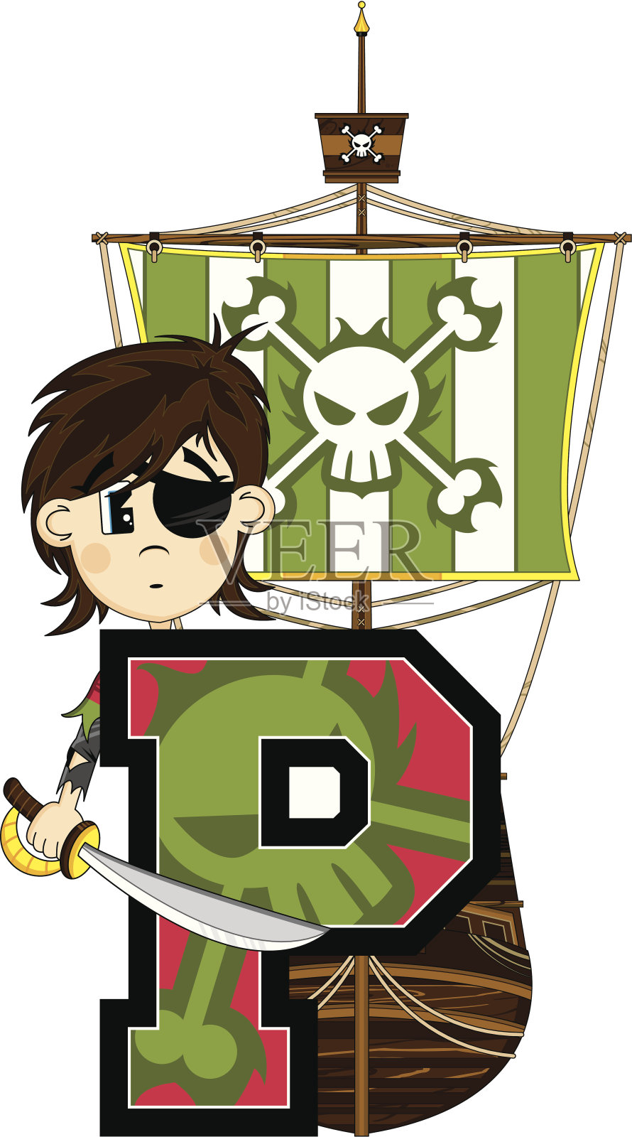 可爱的眼罩海盗&船字母P设计元素图片