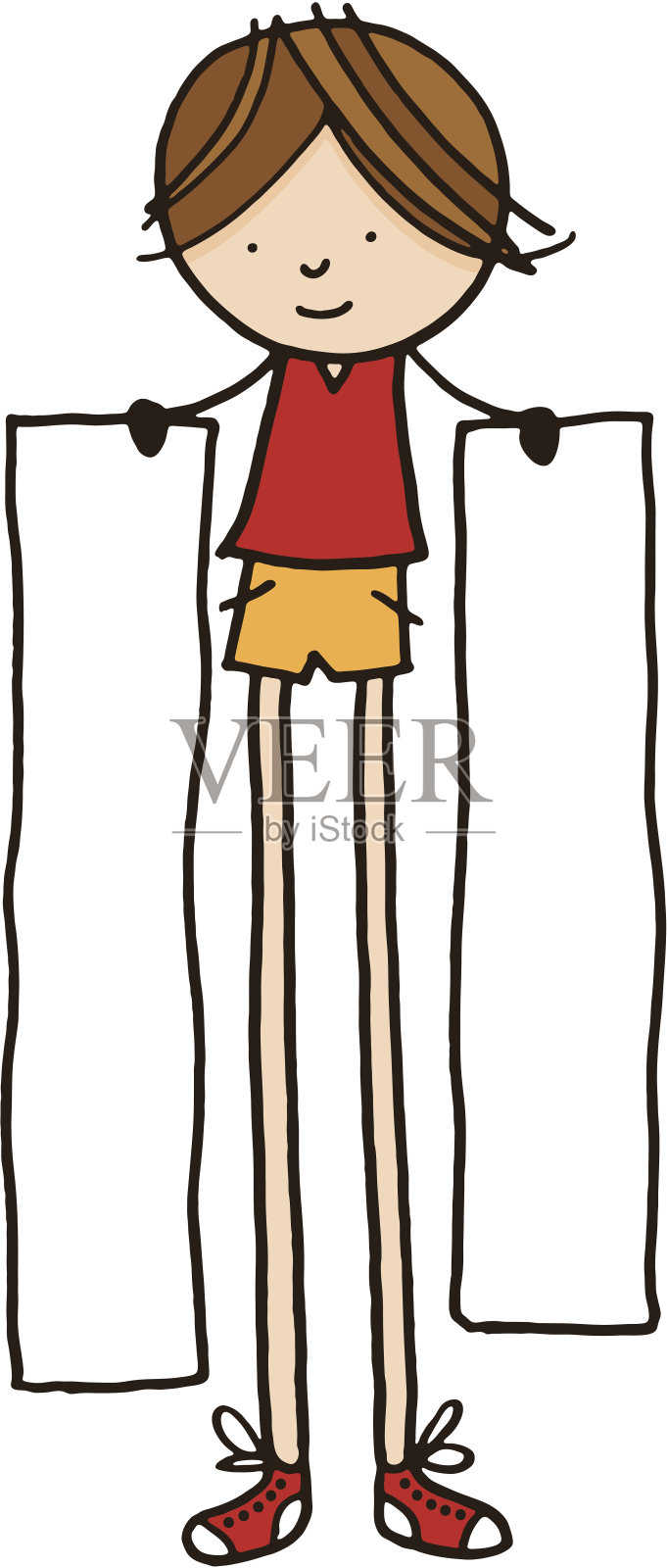 高个男孩拿着两张长长的空白海报插画图片素材