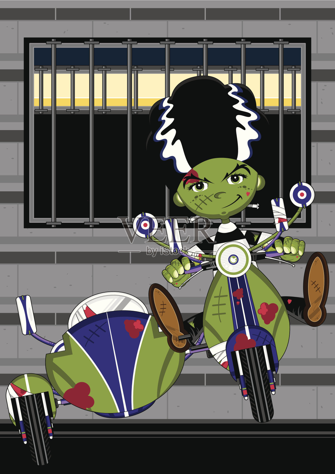 滑板车上的弗兰肯斯坦怪物的新娘插画图片素材