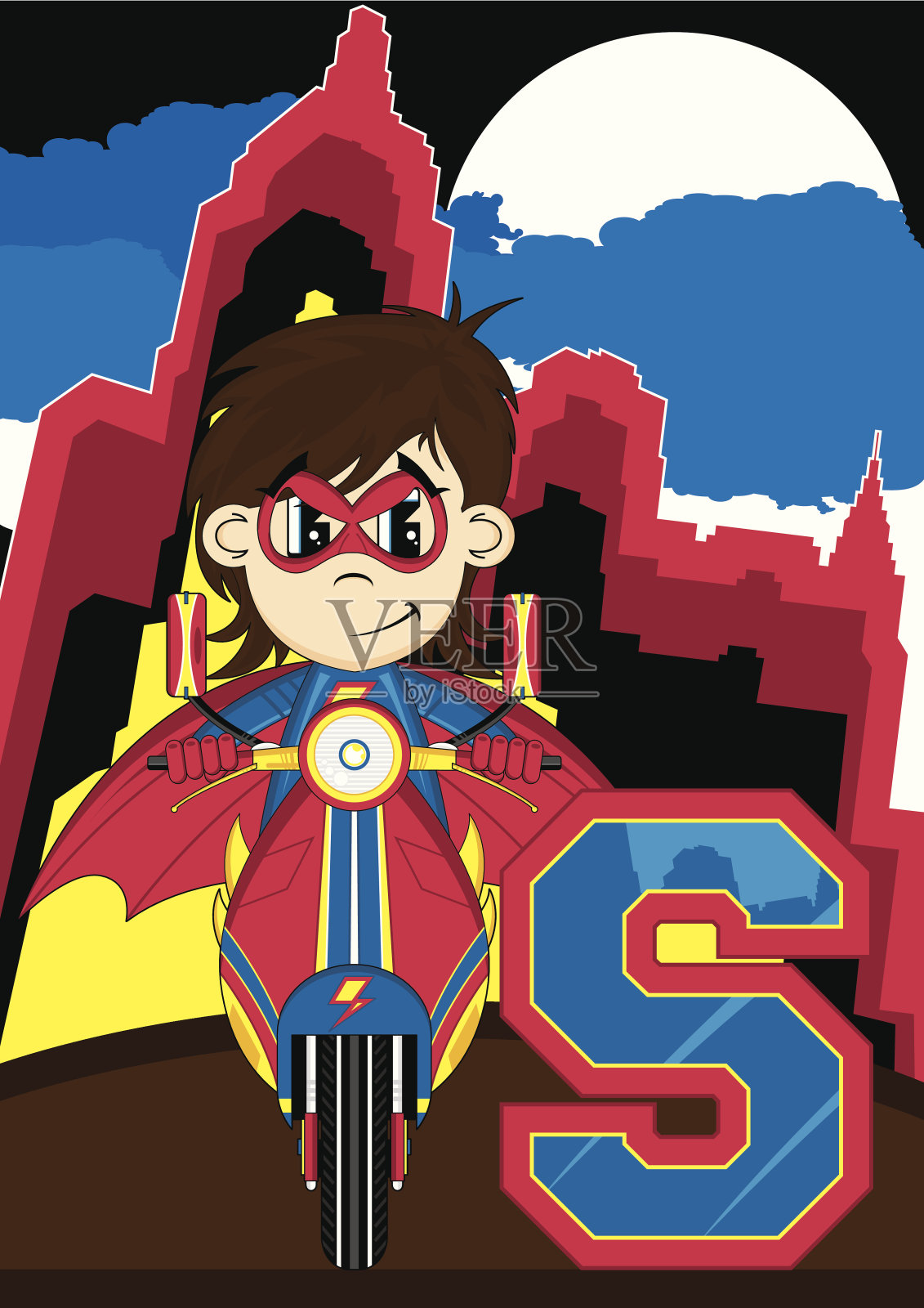 超级英雄在滑板车上学习字母S插画图片素材