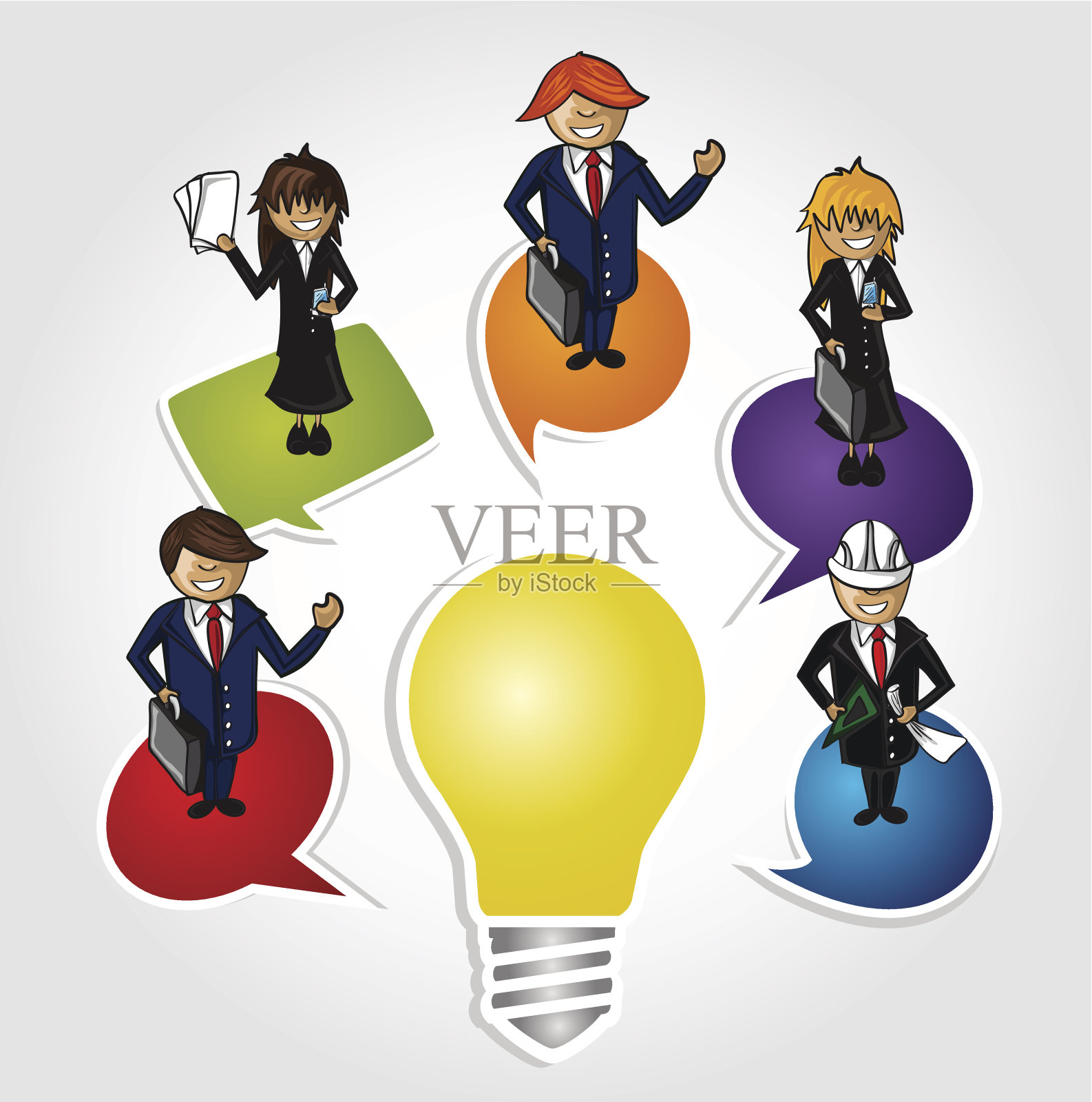 卡通人物在社交媒体上对创意灯泡大肆渲染。插画图片素材