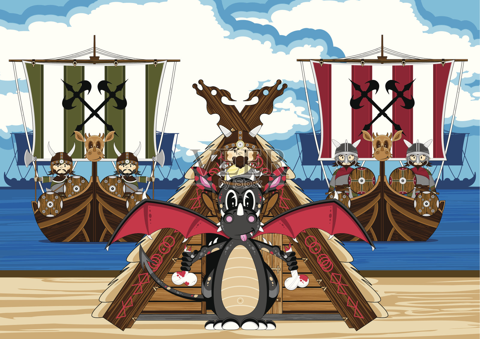 神秘龙和维京战士插画图片素材