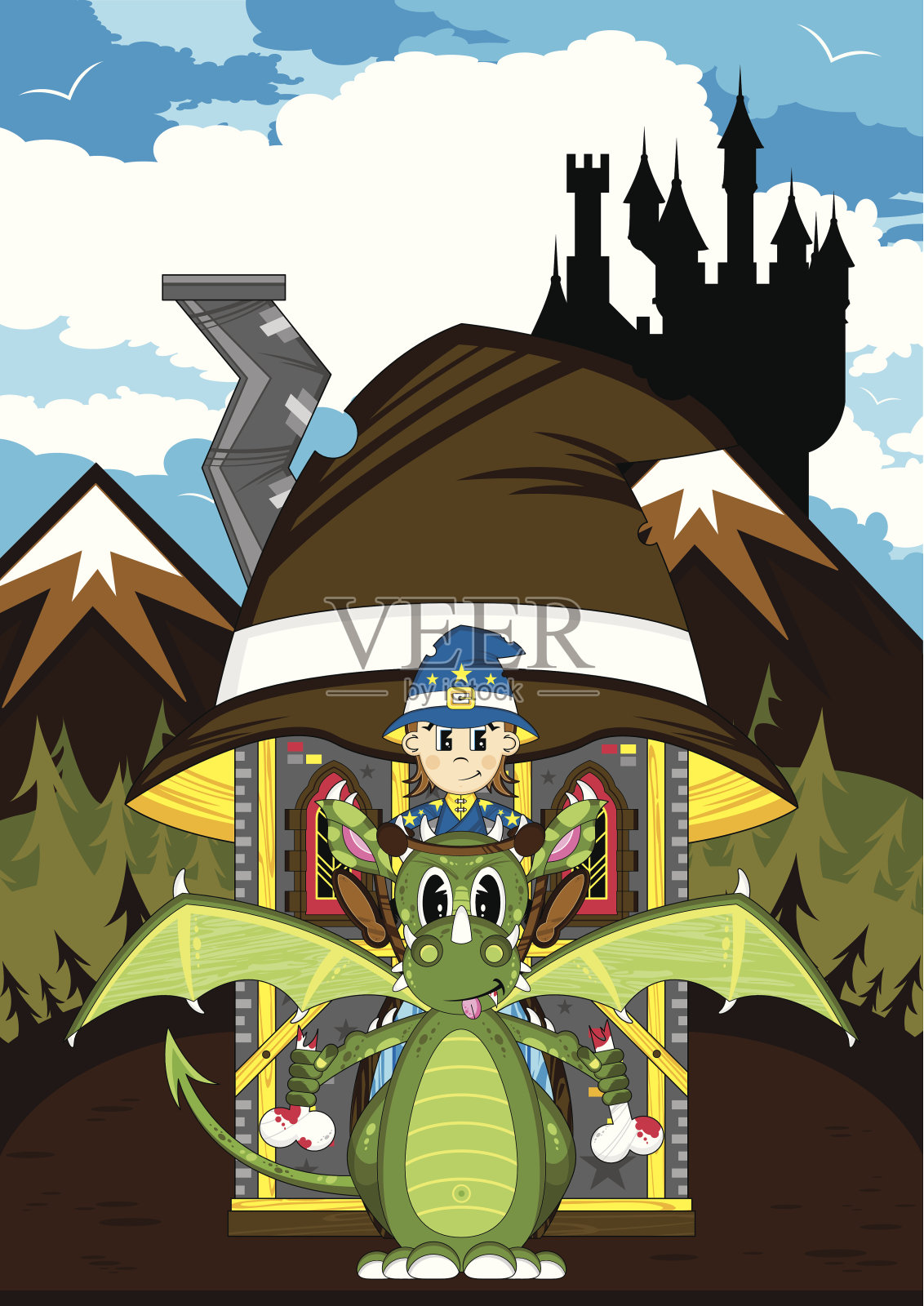 神秘的龙和可爱的巫师插画图片素材