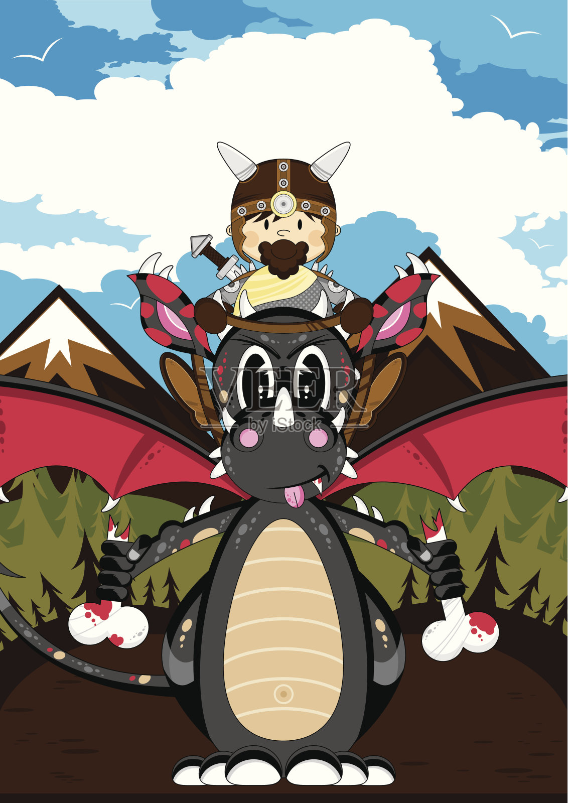 神秘龙和维京战士插画图片素材