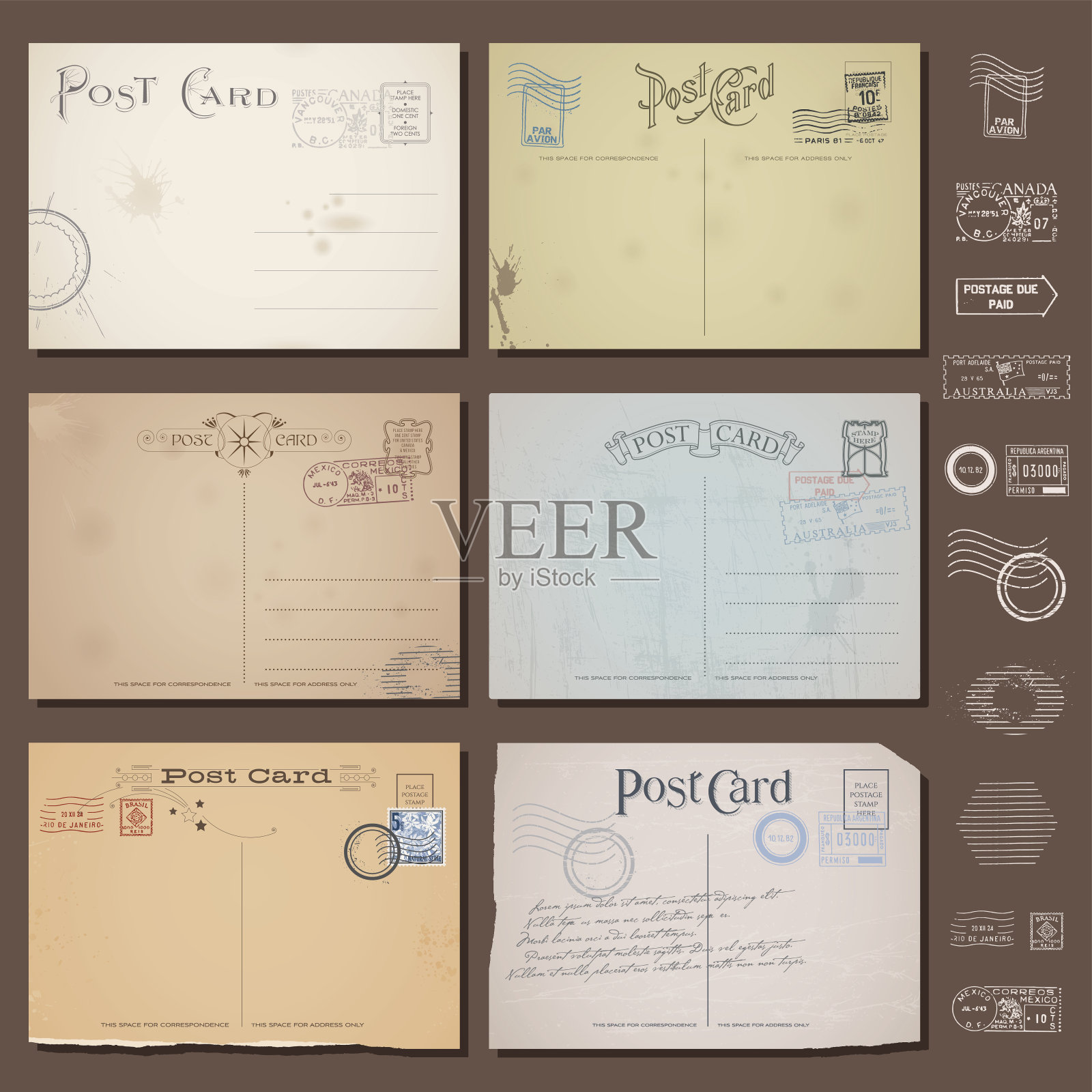 矢量复古明信片设计与邮票插画图片素材