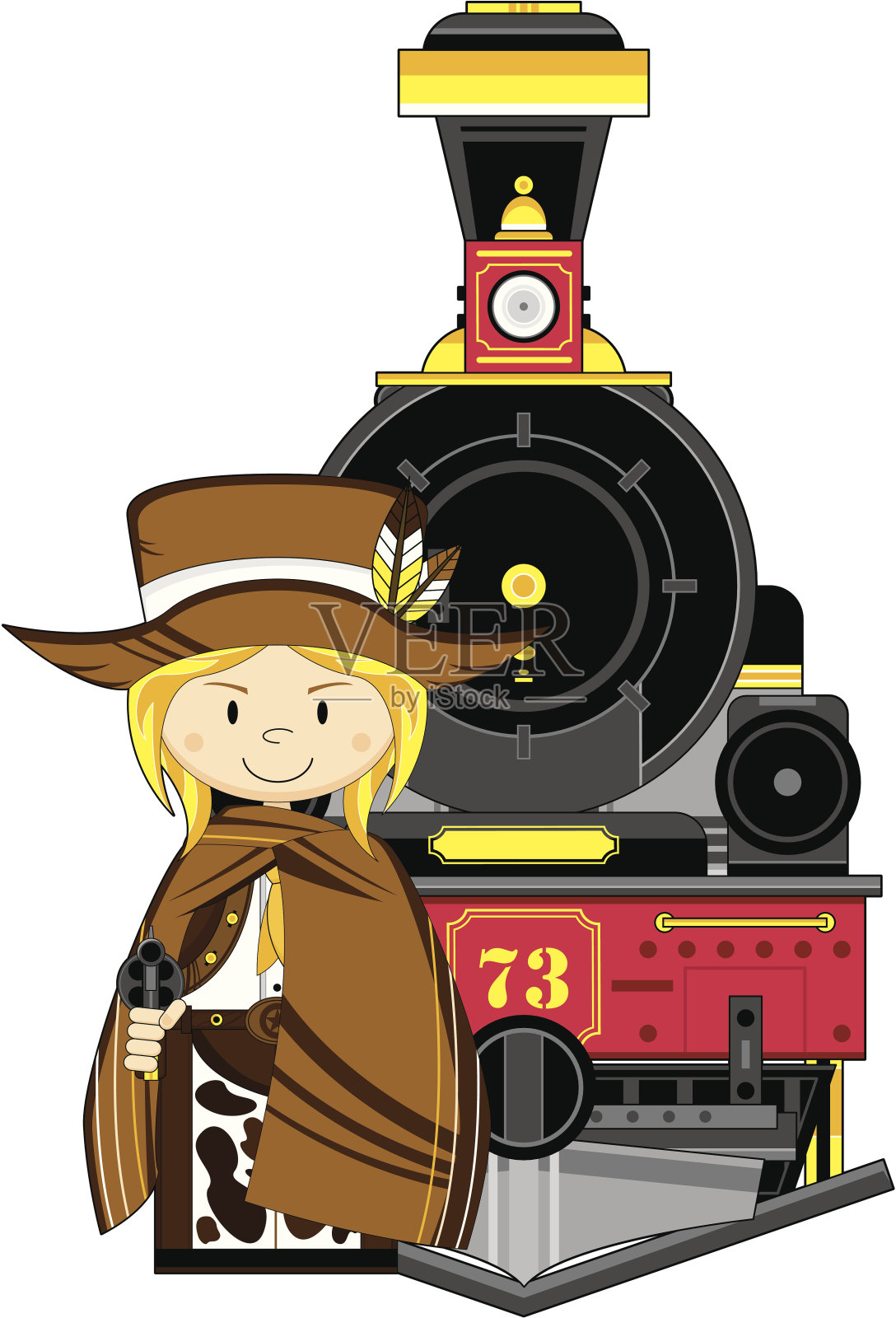 可爱的女牛仔和狂野的西部火车插画图片素材