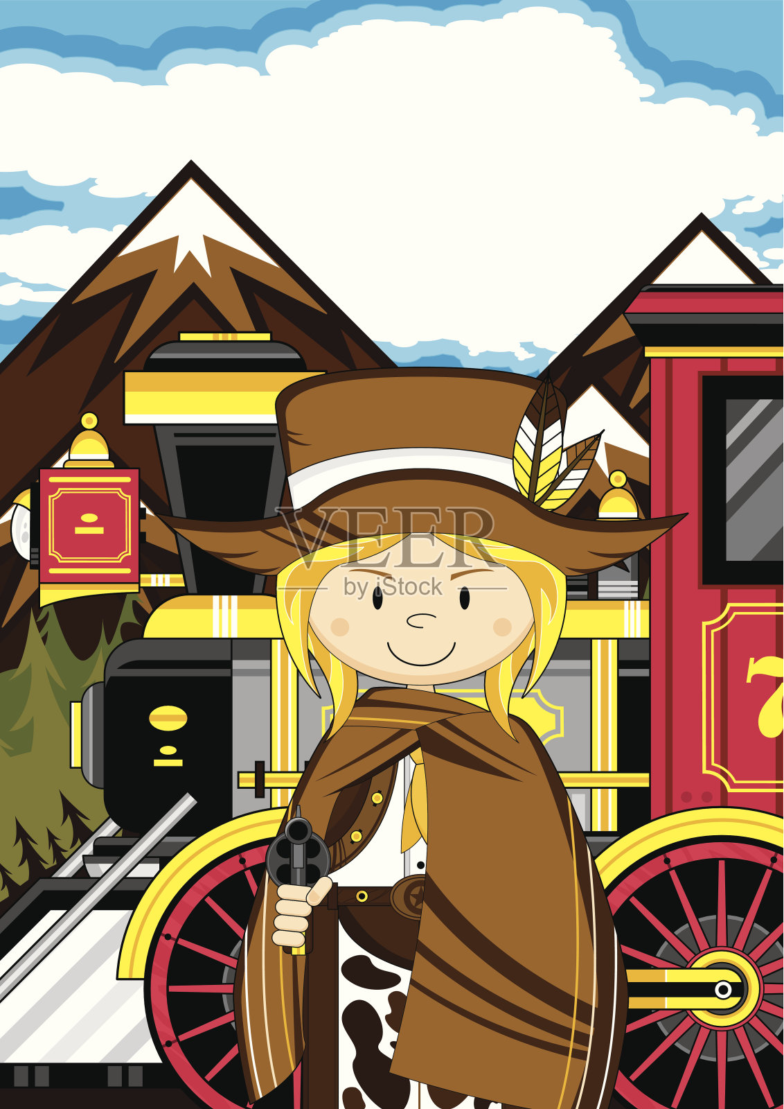 女牛仔和狂野西部火车场景插画图片素材