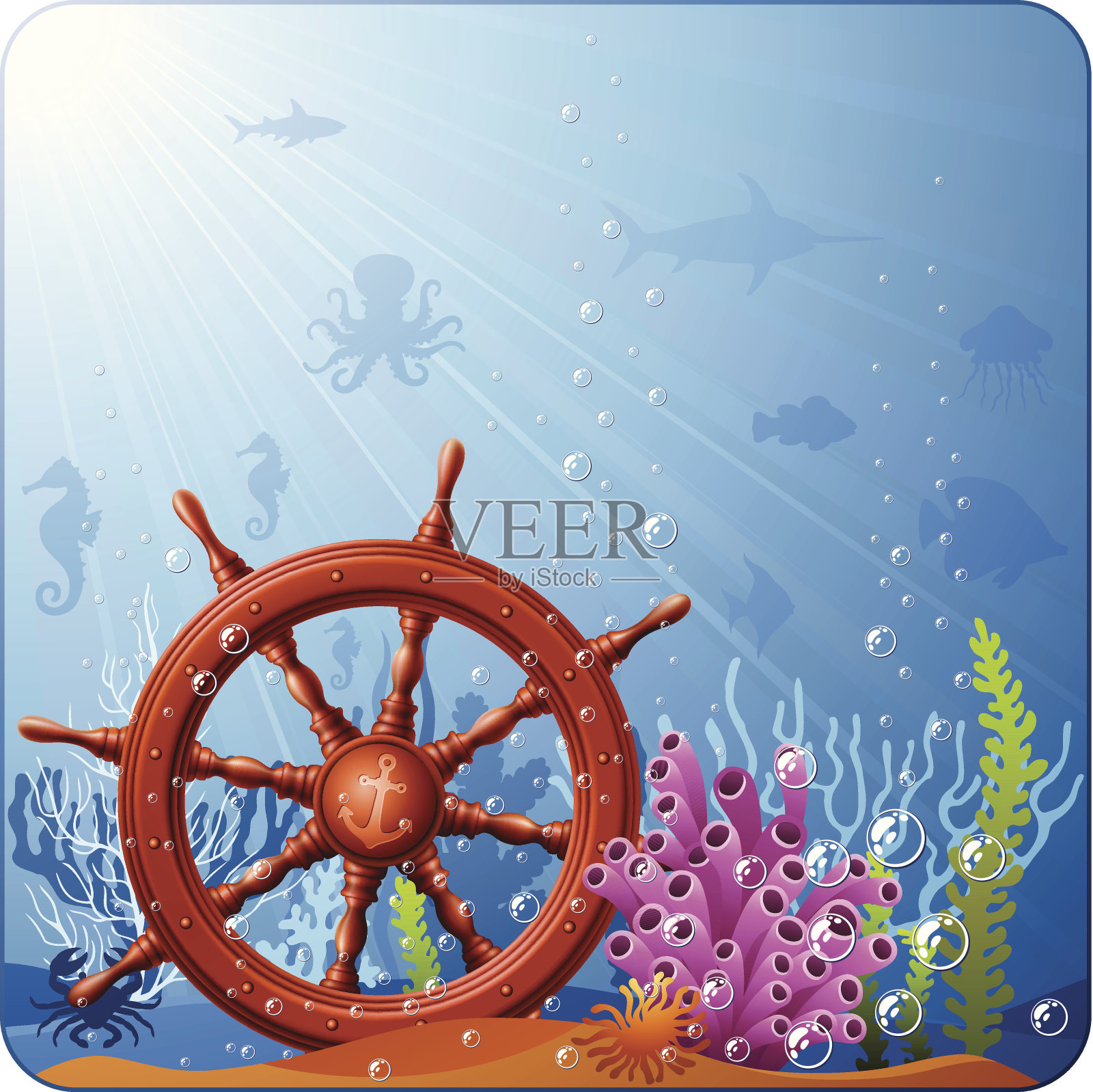 舵和水下插画图片素材