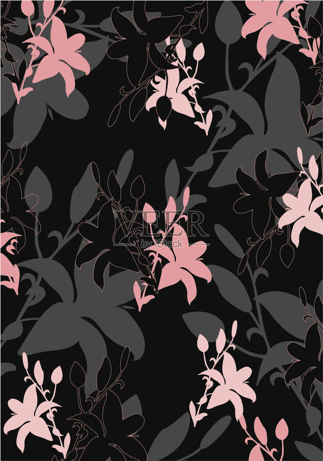 东方百合风格的剪影花卉图案。插画图片素材