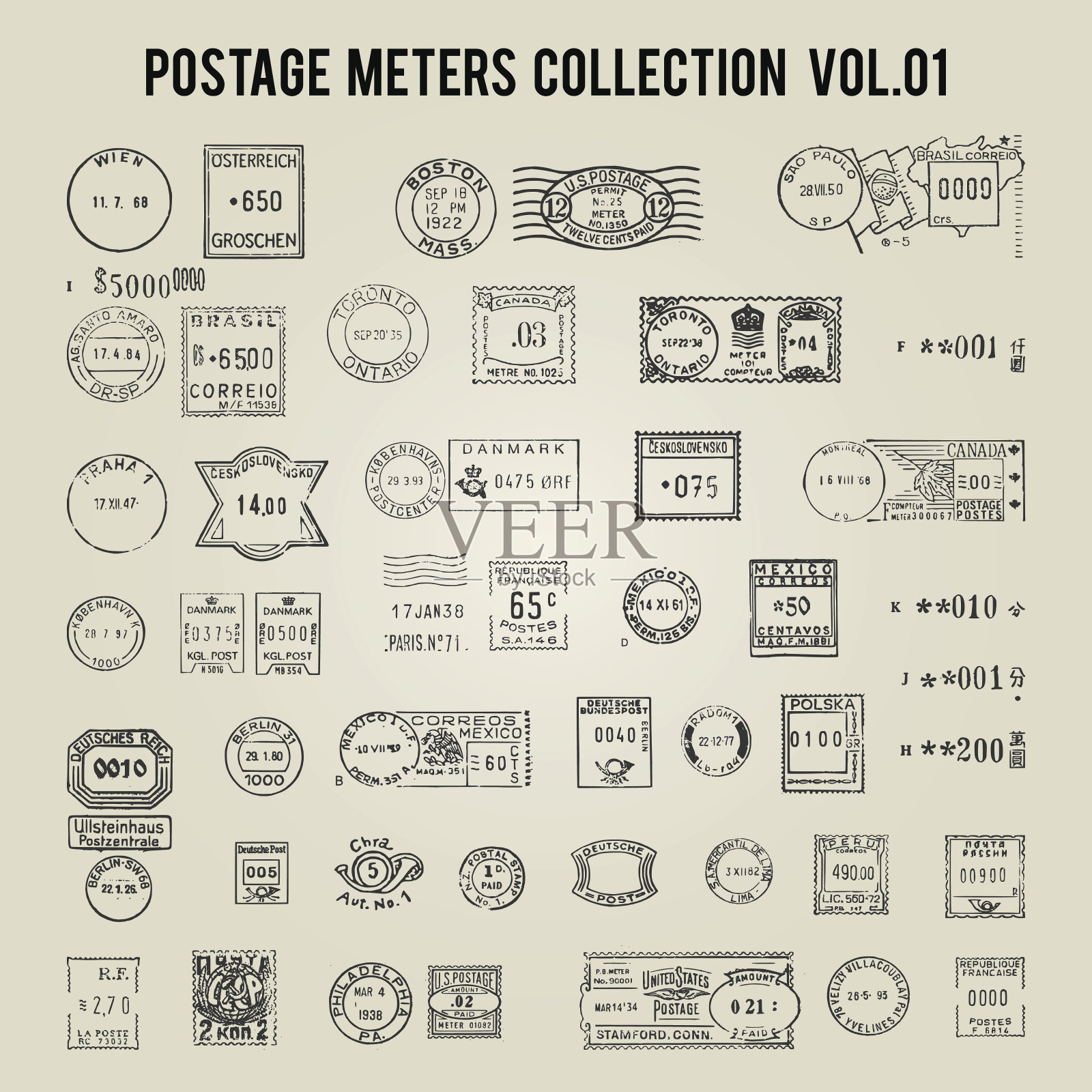 矢量收集老式邮票插画图片素材