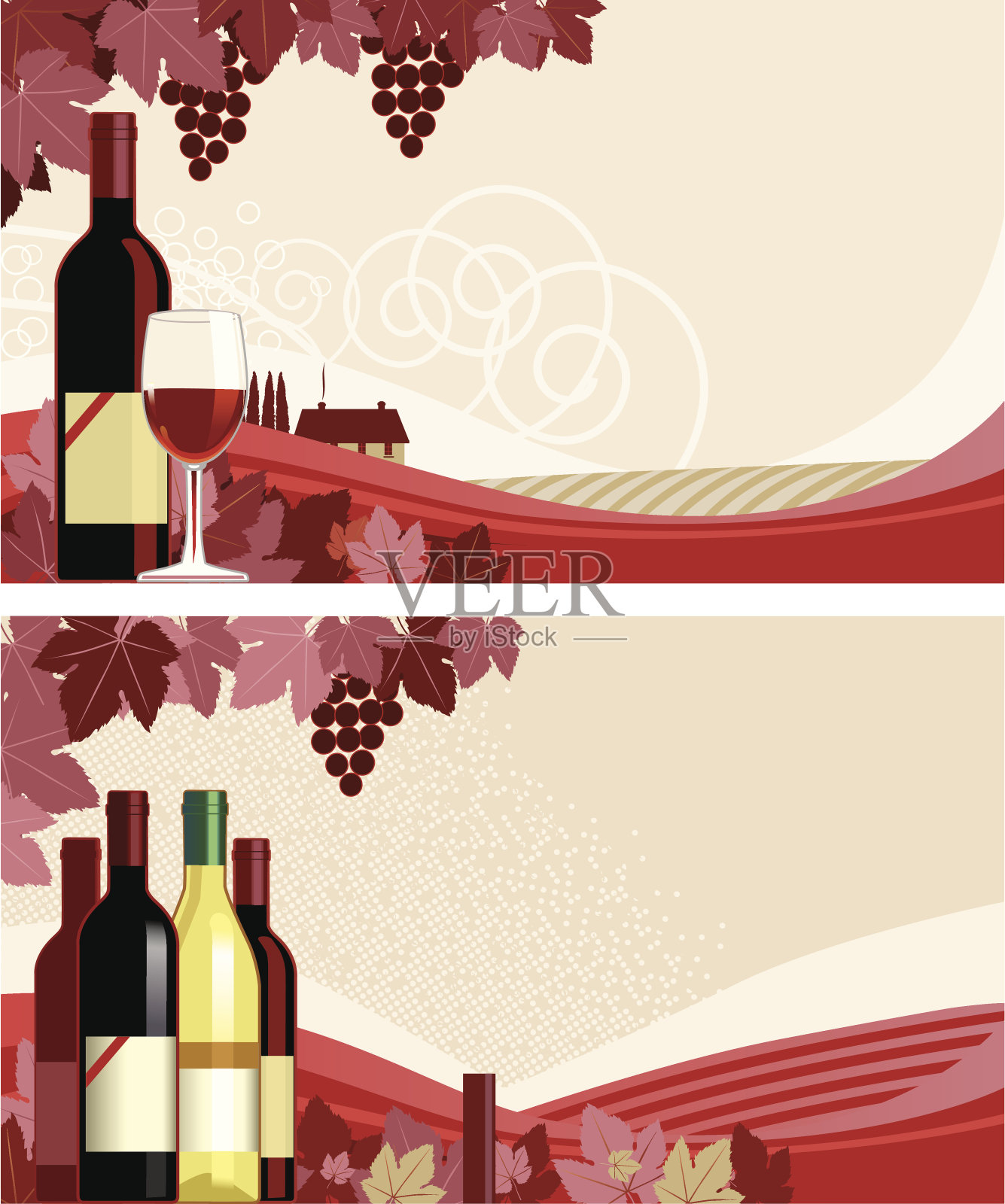 两个展板展示了带有葡萄园的葡萄酒插画图片素材