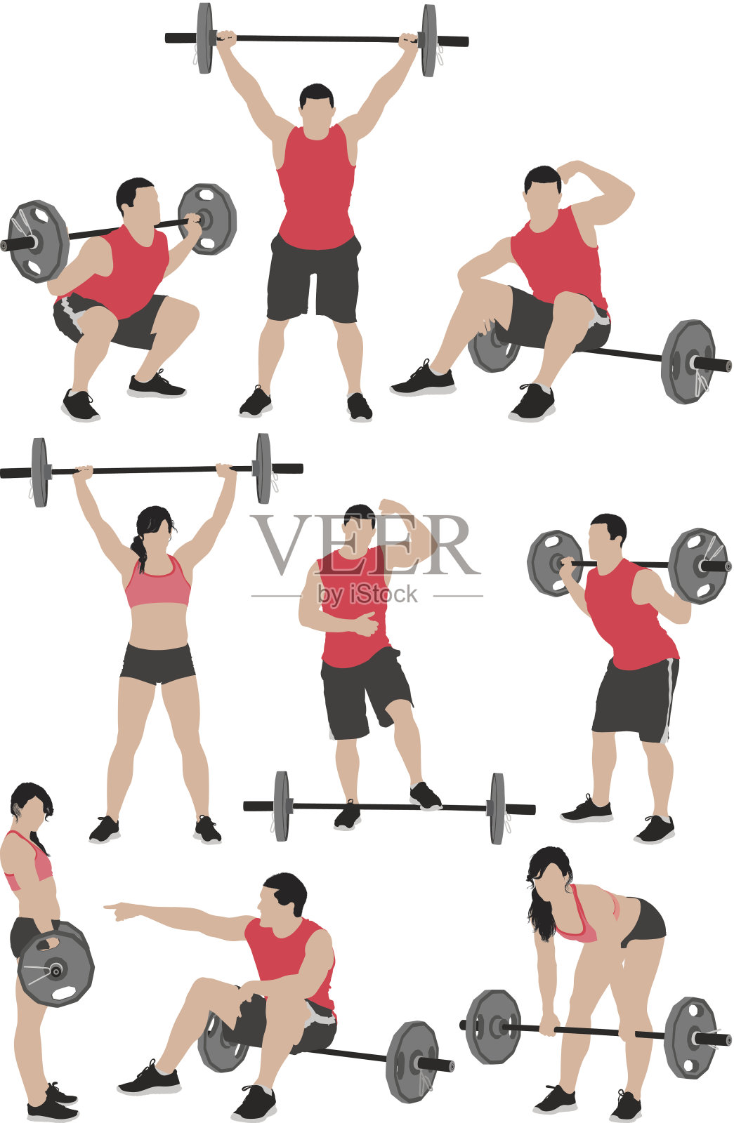 多向量的男人和女人拿着杠铃插画图片素材