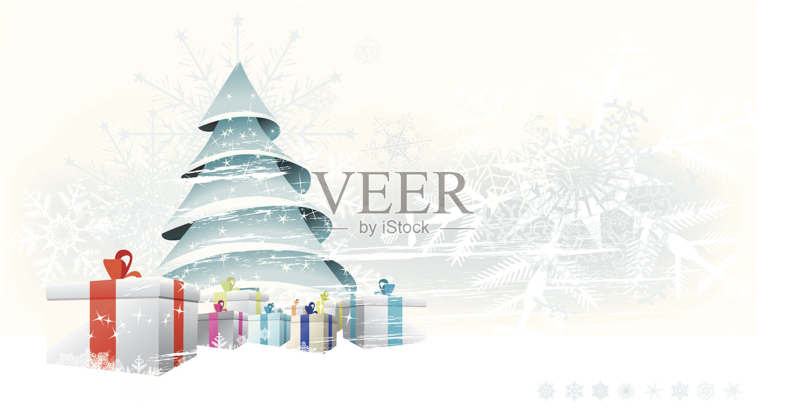 圣诞树上挂满了礼物和洁白的雪花插画图片素材