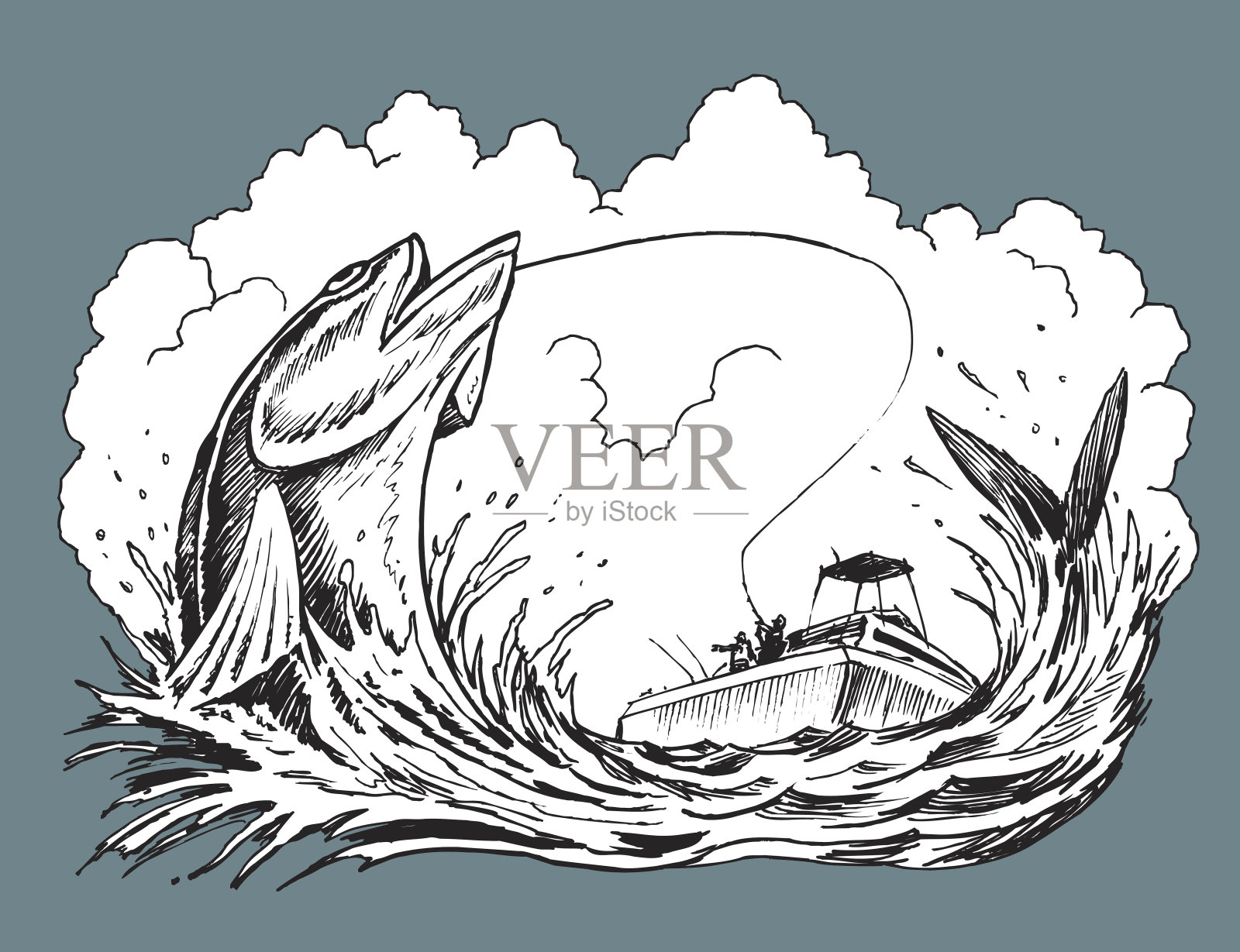 渔民在渔船上捕鱼插画图片素材