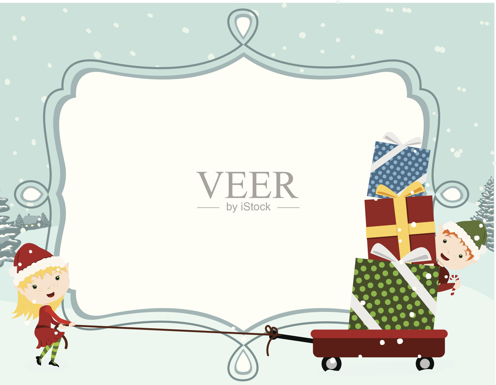 可爱的精灵与礼物和框架插画图片素材