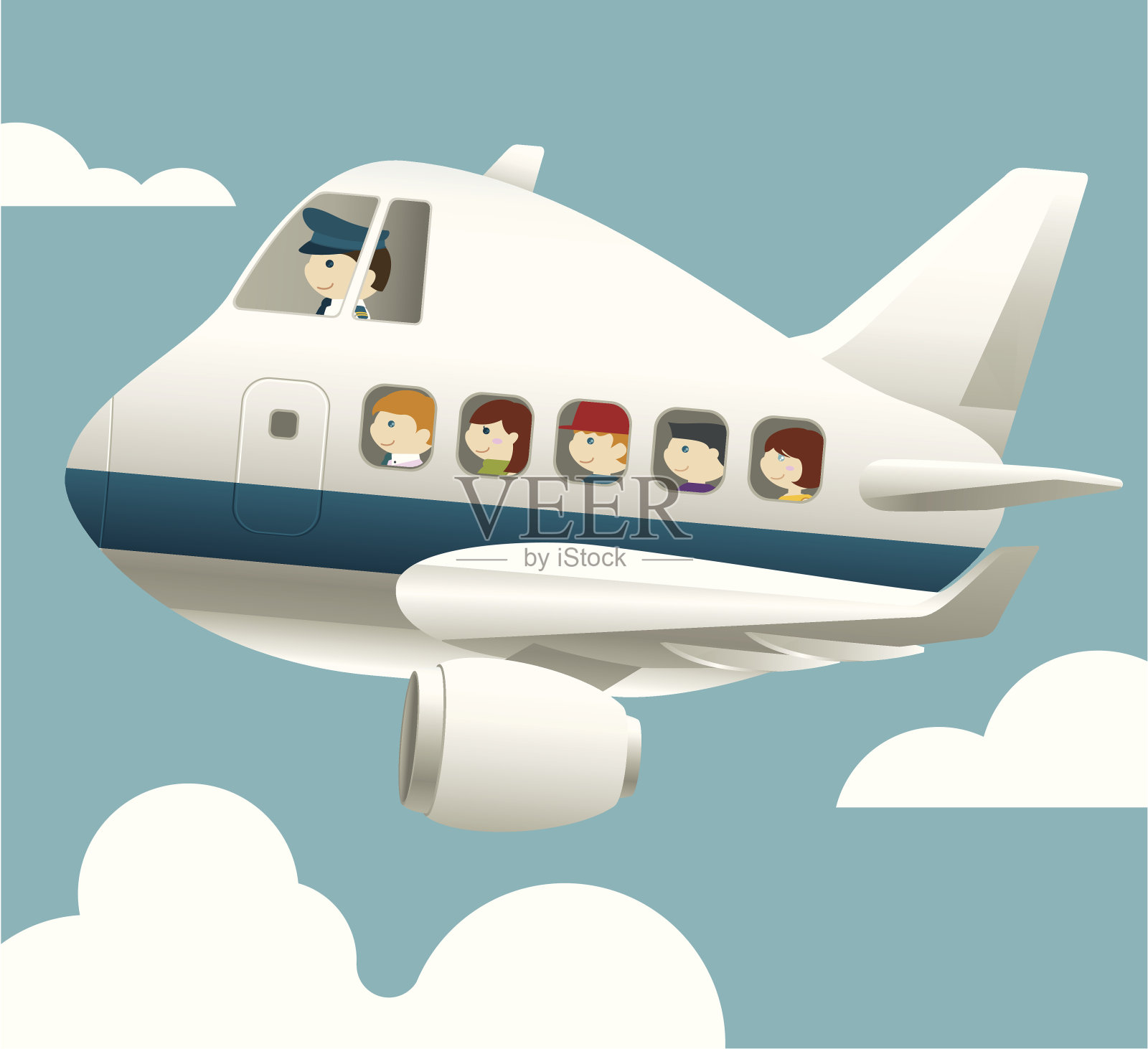 有飞行员和乘客的飞机插画图片素材