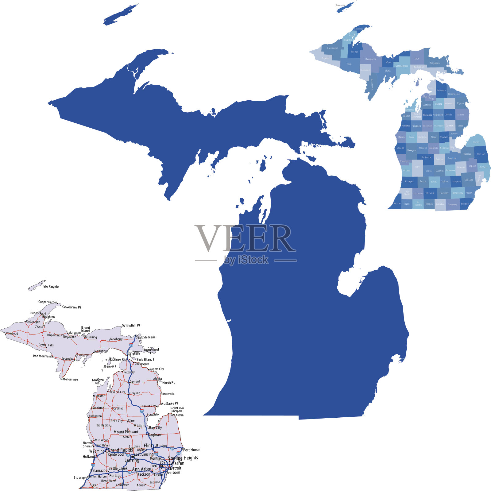 三张密歇根州的地图插画图片素材