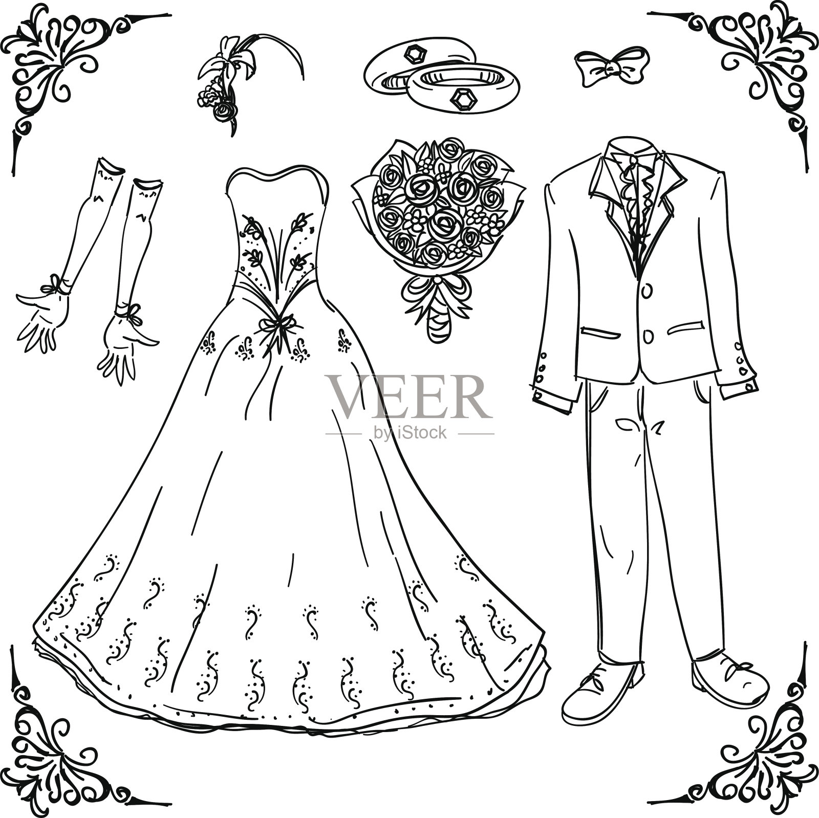 黑色和白色的婚纱插画图片素材