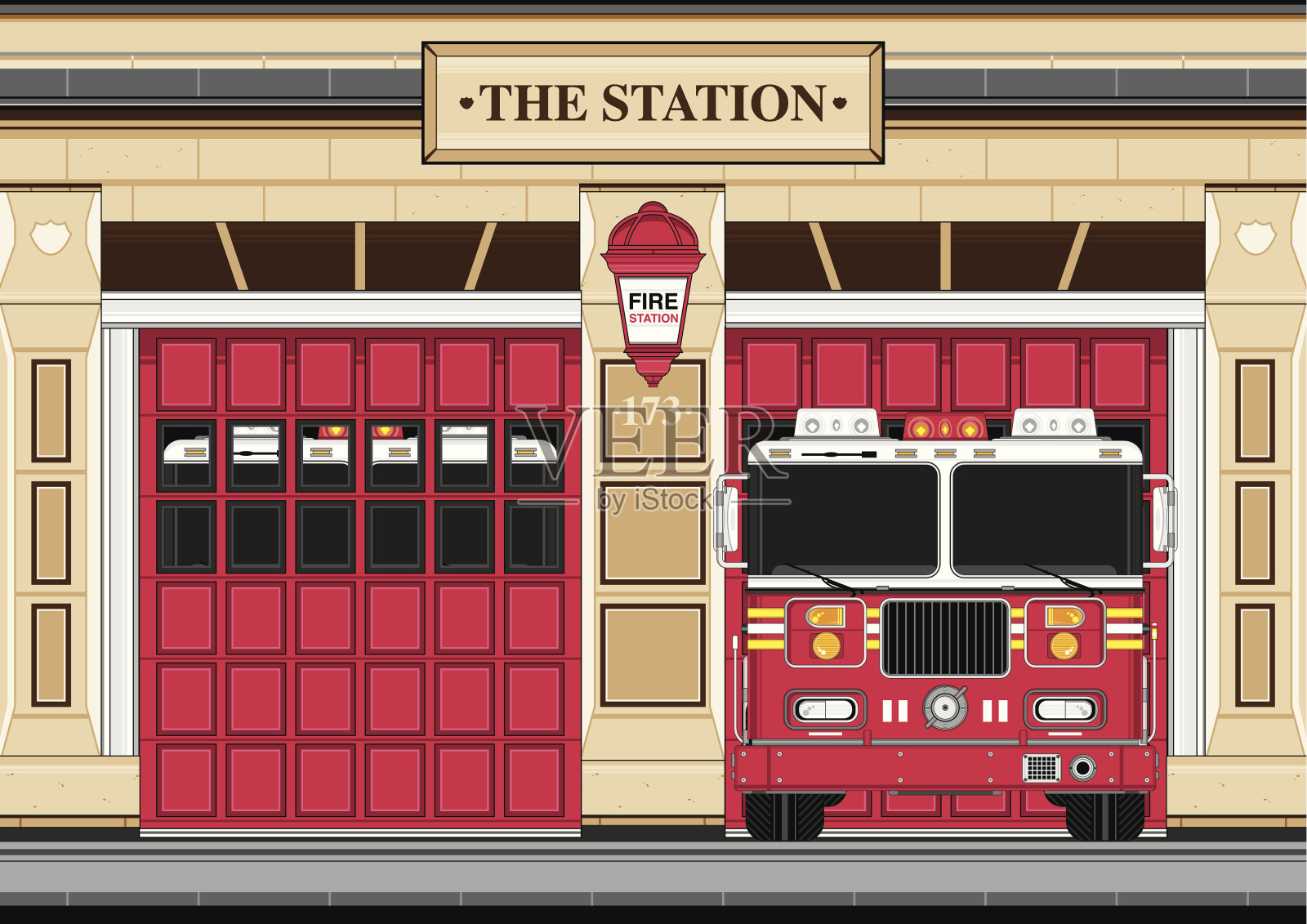 消防车在消防站插画图片素材