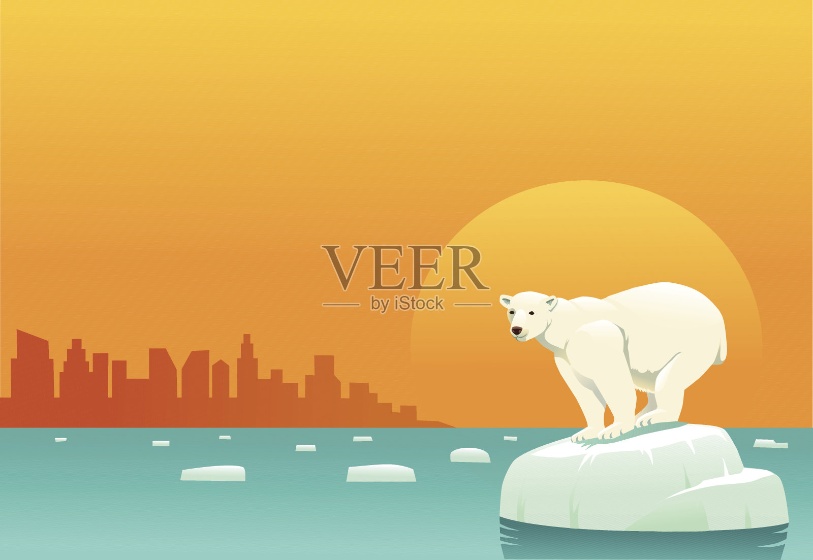 全球变暖——北极熊漂浮在浮冰上插画图片素材