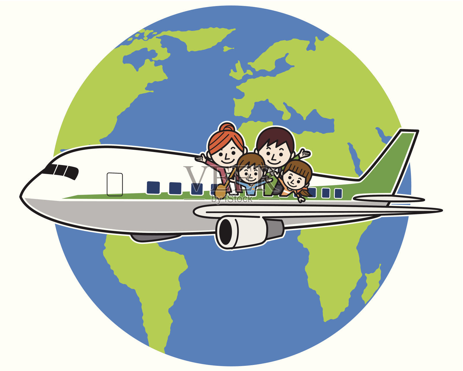 全家乘飞机环游世界插画图片素材