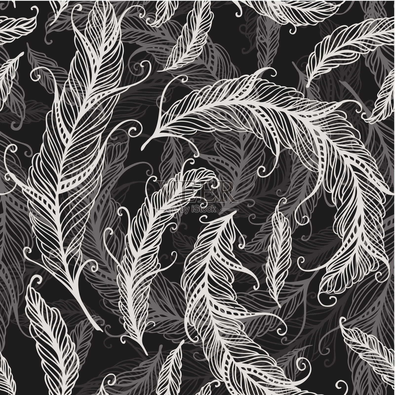 羽毛无缝的背景。手绘插图插画图片素材