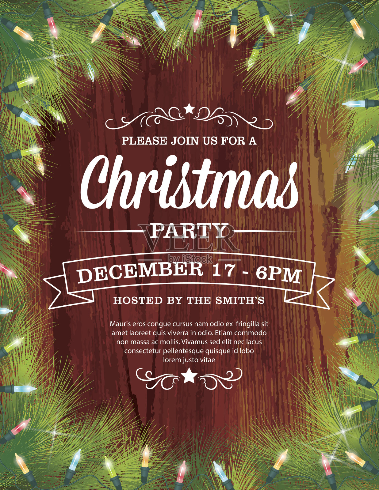 闪烁的圣诞灯常青木材背景设计模板素材