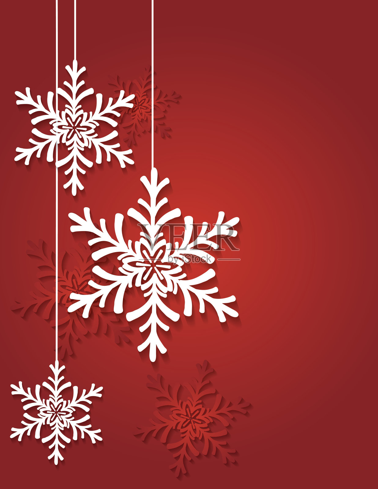 红色圣诞背景上的3D纸雪花。插画图片素材