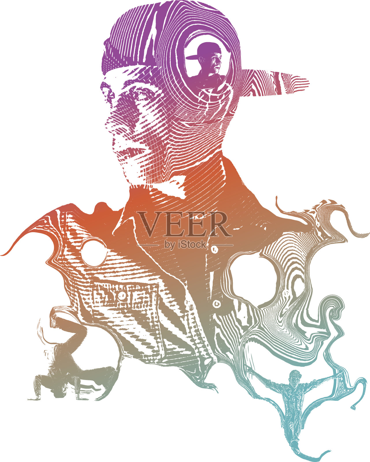 一个男性嘻哈舞者的迷幻画像插画图片素材