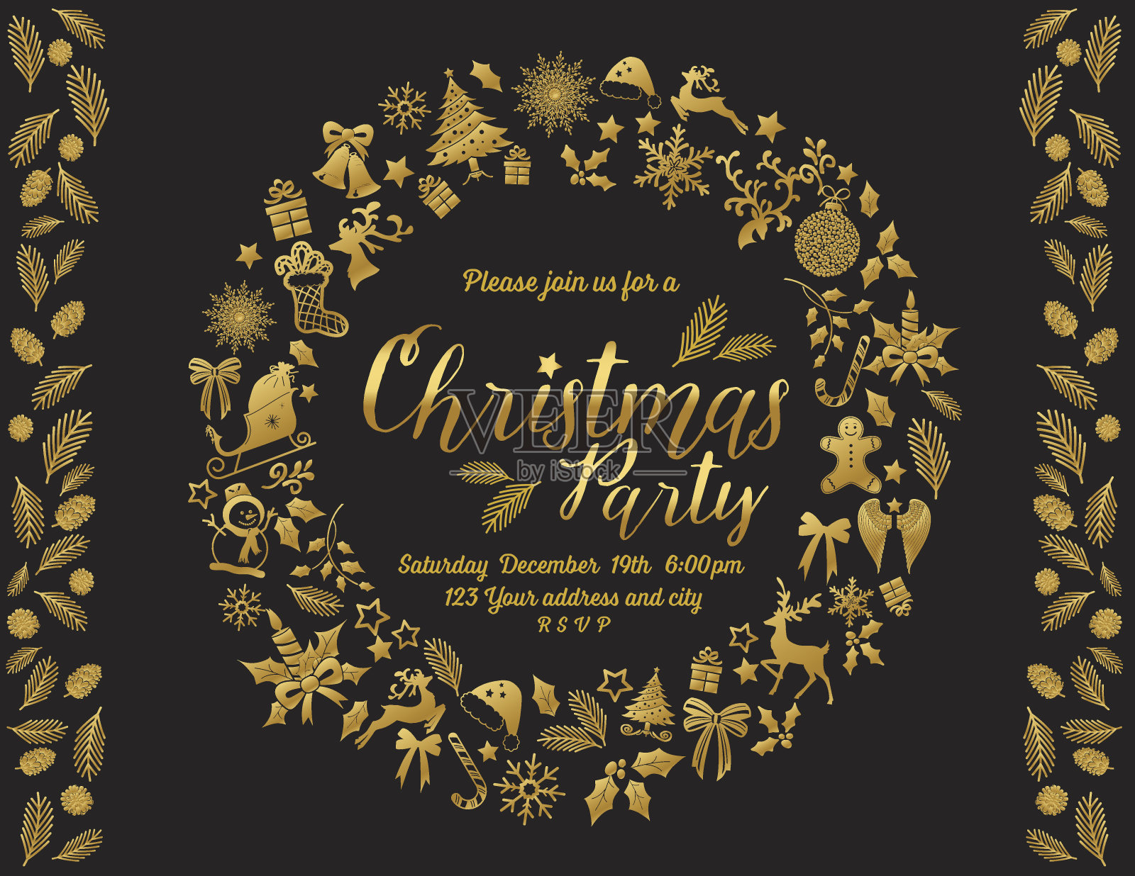 复古灵感圣诞派对邀请模板花环设计模板素材