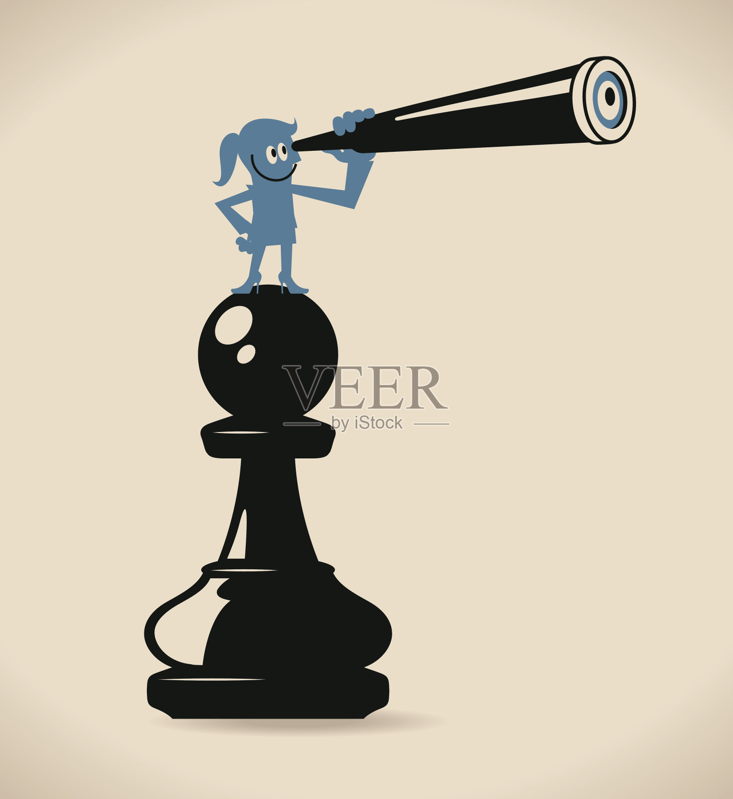 女商人站在棋子上，透过望远镜看插画图片素材