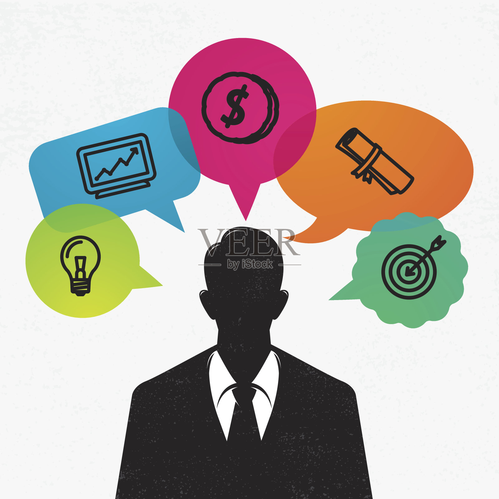 商人剪影与五颜六色的思想泡泡插画图片素材