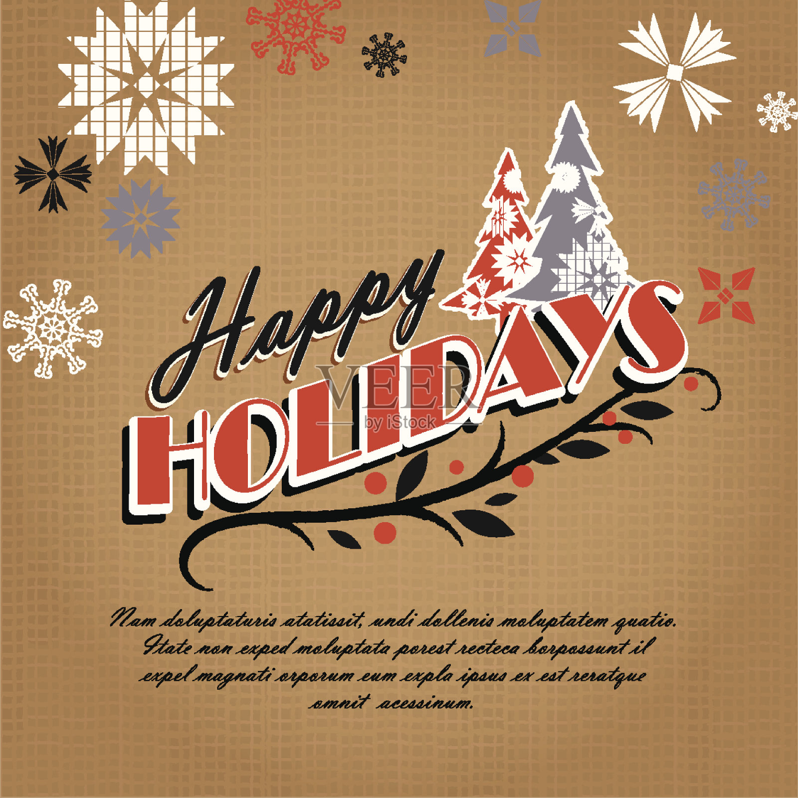 粗麻布俗气复古的节日问候设计与树木设计模板素材