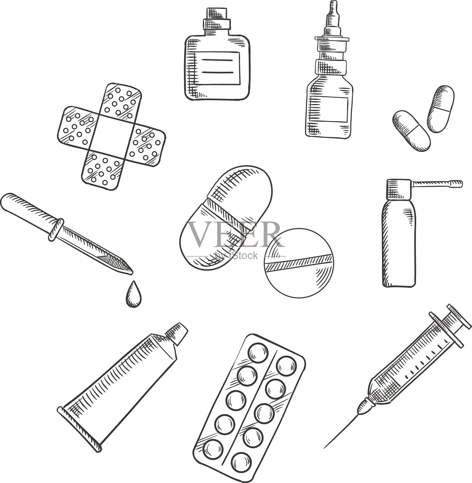 药丸，药物和医学图标的草图插画图片素材