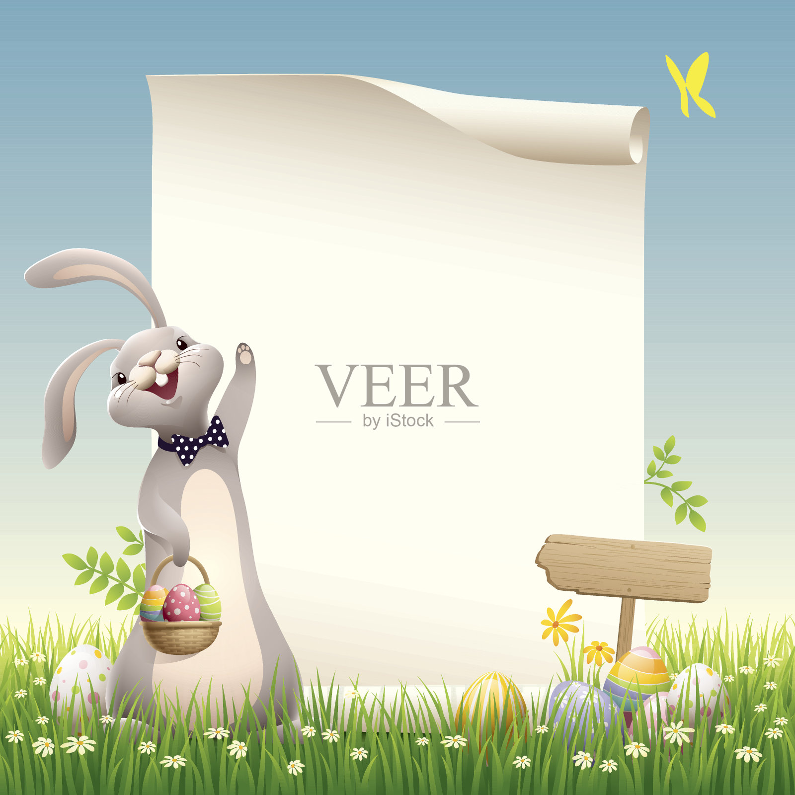 在绿草地上拿着纸卷的复活节兔子插画图片素材